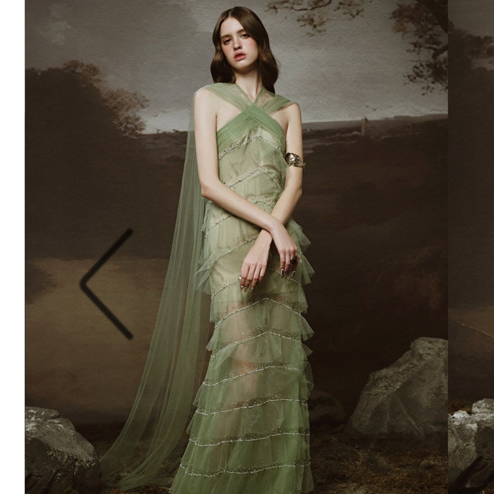 Elegant Green Maxi Dress ruffle and sparkle xs nwt